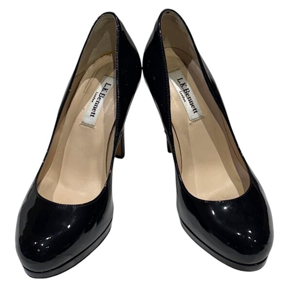 LK Bennett Sledge Black Patent Leather Round Toe Pumps Platform Heels Size 7 - Picture 2 of 10